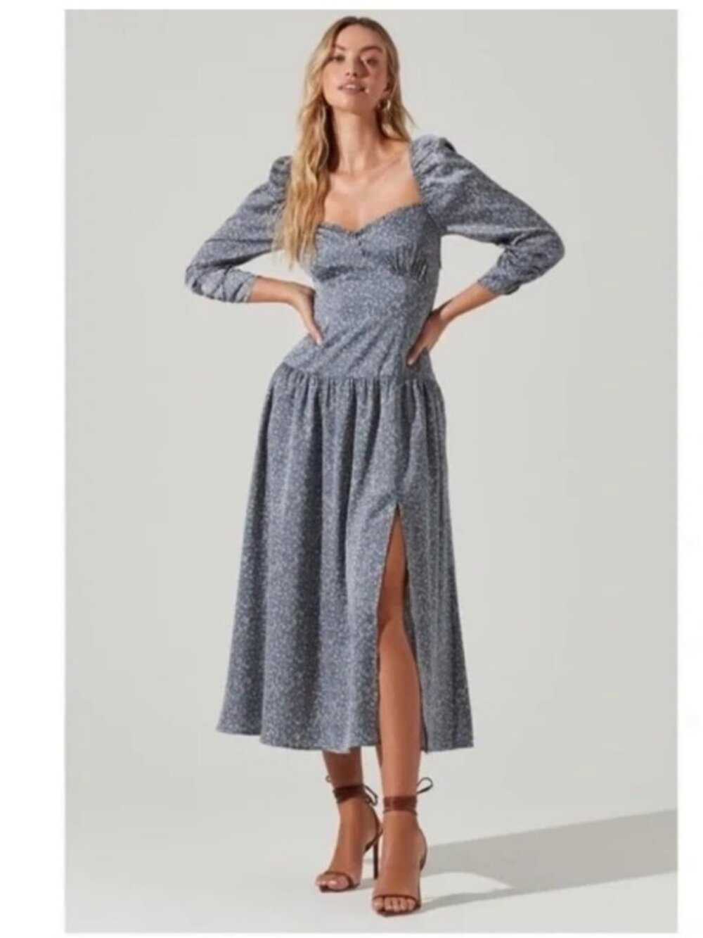 ASTR Puff Sleeve Sweetheart Neck Boho Satin Dress Blue Floral Size Small NWT